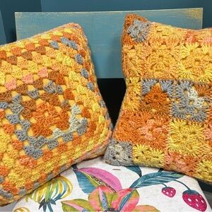 Handcrafted Crochet Accent Pillow Set - Yellow/ Orange/ Gray